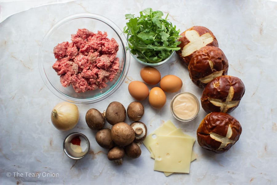 top view of ingredients for mushroom swiss burgers