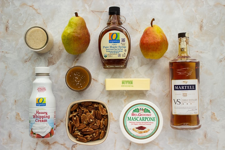 Ingredients for salted caramel mascarpone pear tart.