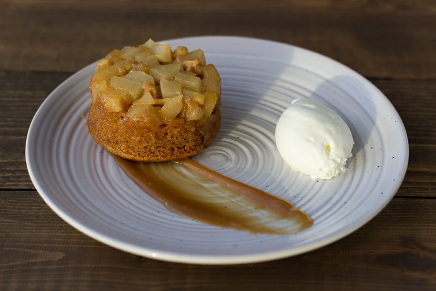 plated pear upside down spice cake 