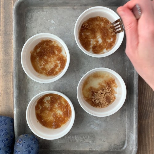 butter and brown sugar melted in four ramekins