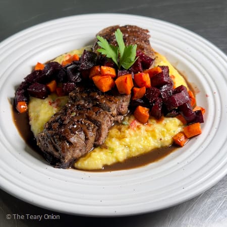 steak and polenta with roasted root vegetables